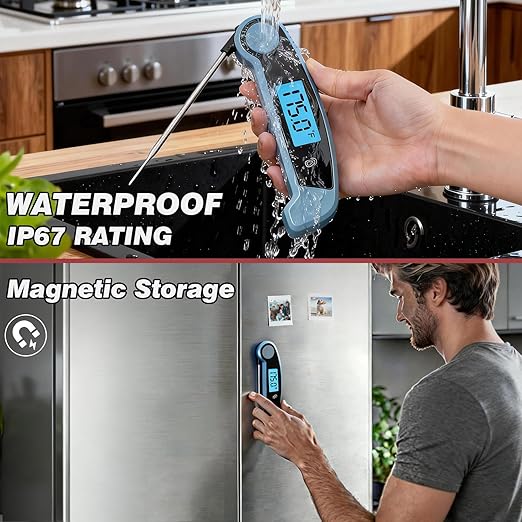 Meat Thermometer Digital Waterproof Instant Read Thermometer for Cooking Food Thermometer with Backlight & ±0.5℃ Precision Cooking Thermometer for Kitchen ℃/℉ Convertible Blue
