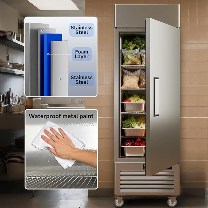 VEECOOL Commercial Refrigerators Upright WiFi Enabled, 27" One Section Solid Door Reach in Refrigerator with Right-Hinged Door, 23 cu.ft. Capacity, Stainless Steel, Fan Cooling, ETL&ETL Sanitation