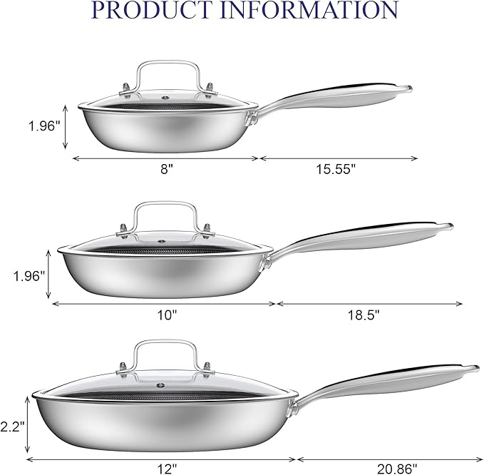 Bielmeier 8, 10, 12 Inch Nonstick Frying Pan with Tempered Glass Lid,6-Piece Set Stainless Steel Flat Bottom Frying Pan for Gas, Electric & Induction Cooktops, Dishwasher Safe