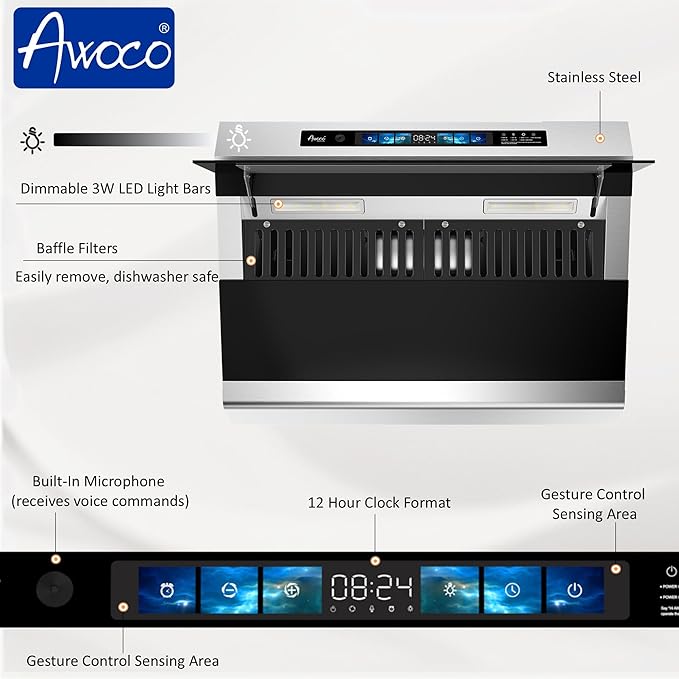 Awoco 30" Under Cabinet Range Hood, Side-Draft Design, 4 Speeds Exhaust Fan with 800 CFM, Voice, Gesture, Touch & Remote Control, 6" Vent, Dimmable LED Light Bars