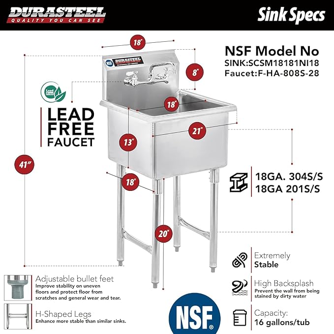 DuraSteel 304 Stainless Steel Utility Sink - 18 Inch Freestanding Prep Sink with Faucet - Dual CEC & NSF Certified Wash Station for Kitchen, Laundry, Garage & Restaurant