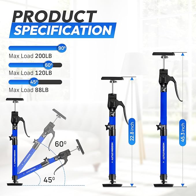 Adjustable Cabinet Jacks for Installing Cabinets (22.8-45.3 Inches 2 Pack) Heavy Duty 200 lb Metal Quick Support Rod & Third Hand Support System with Swivel Non-Slip Pads for Drywall and Ceilings.