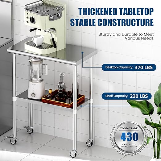 Stainless Steel Table with Wheels 18 x 30 Inches Metal Prep Table with Adjustable Undershelf & Casters for Commercial Kitchen, Outdoor, Restaurant, Hotel & Garage