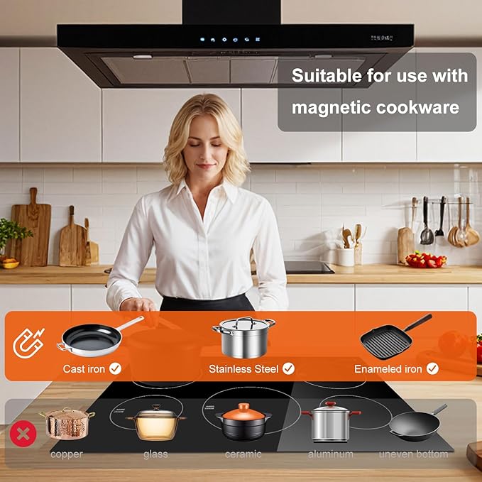 AMZCHEF 30 Inch 10600W Induction Cooktop With 5 BOOST Burners, 9 Levels Electric, Built-in Control by Slide Touchscreen, Child Safety Lock, Independent Timer, No Plug, 240V
