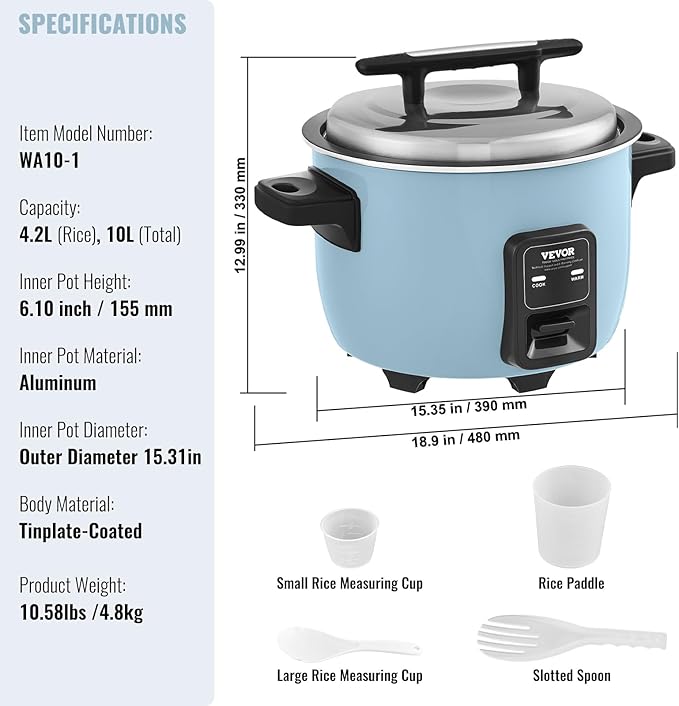 VEVOR Commercial Rice Cooker, 50-Cup Rice Cooker, 10.57 Qt / 10 Liter Large Rice Cooker and Warmer with Nonstick Inner Pot, Fast Cooking and 24-Hour Keep Warm, with Rice Cup and Paddle, for Restaurant