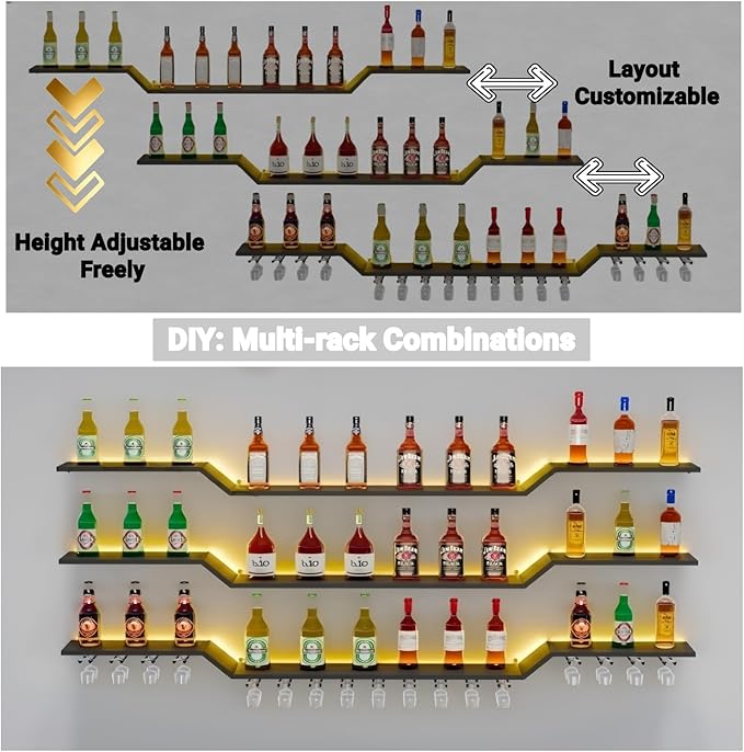 31.5" Wall Mounted LED Wine Rack, 3-Tier Floating Bar Shelves, Large Liquor Shelf with Wine Glass Rack, Large Bar Rack Wall Mounted for Liquor Bottles, Home Bar, Dining Room or Cafe, Gold