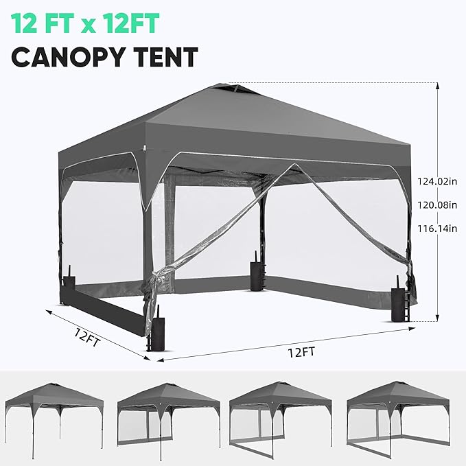 Saemoza 12x12 Pop Up Canopy Tent with One Push Setup, Outdoor Sun Shade Canopy for Backyard Party, Easy Up Instant Shelter with 4 PVC Transparent Sidewalls, 4-Sandbags & Wheel Bag, Grey.