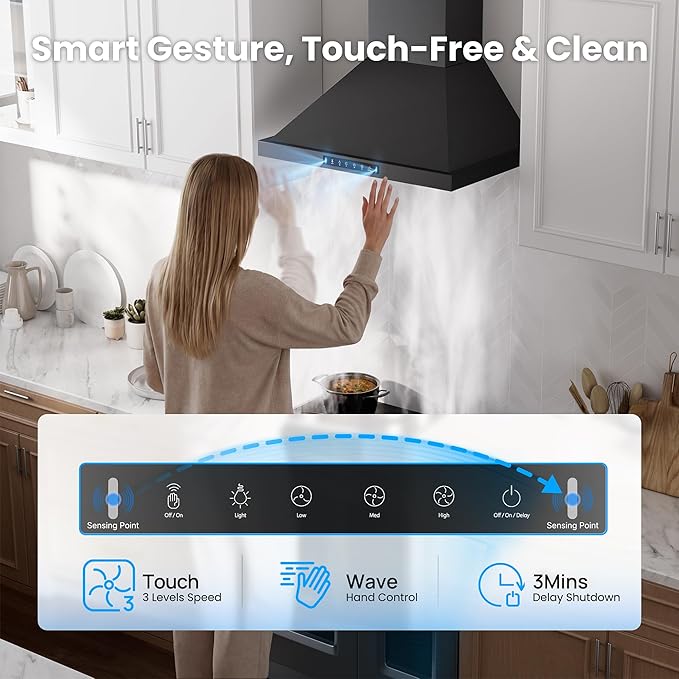 Black 30 Inch Pro Wall Mount Range Hood 980CFM, Direct 3 Speed Panel with Gesture & Touch Control, Ducted/Ductless Stainless Steel Kitchen Vent Hood, Delay Shut-Off, Includes Duct & Filter