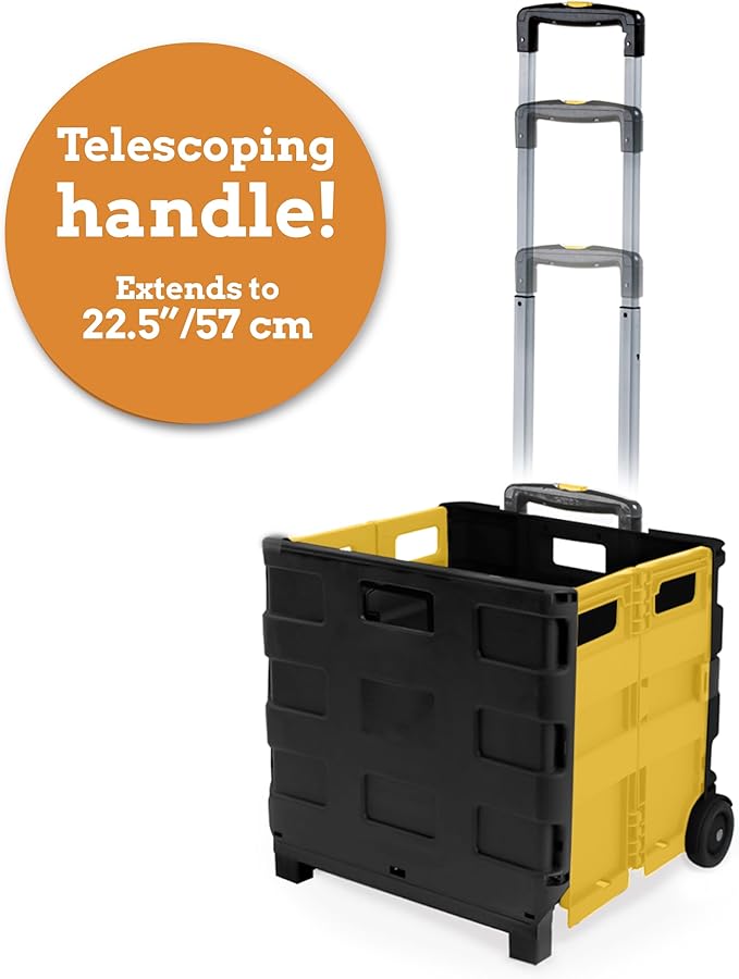 Inspired Living Ultra-Slim Rolling Collapsible Storage Pack-N-Roll Utility-carts, with Telescopic Handle, for Home, Garden, Shopping, Office, School use, Large, Yellow & Black
