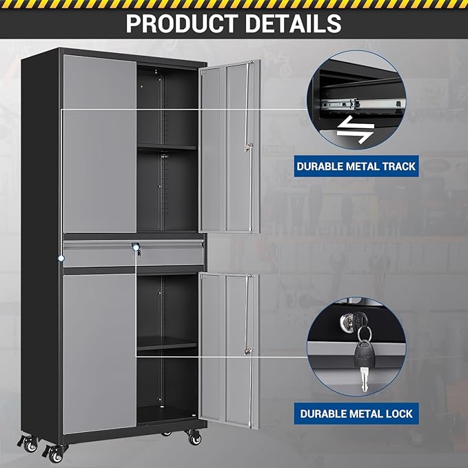 73" Metal Cabinet-Black&Gray Heavy Duty Rolling Storage Cabinet Steel Tool Cabinets with Wheels, Shelves, Lockable Doors and Drawers- for Garage, Pantry, Warehouse - Assembly Required