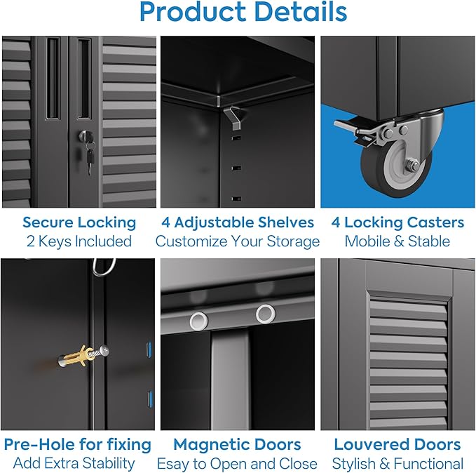 Aobabo Broom Closet Storage Cabinet,Lockable Garage Storage Cabinet with 4 Adjuatable Shelves,Required Assembly,Black,70.87''H*31.5''W*15.75''D
