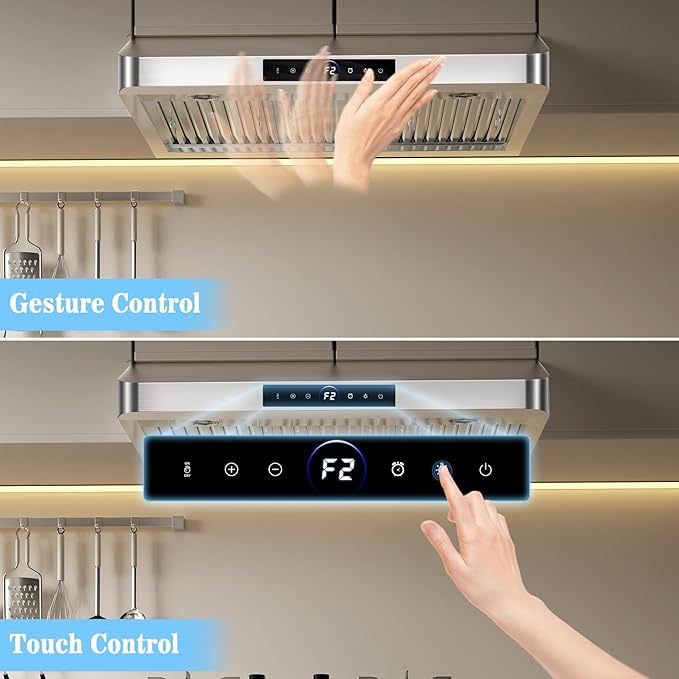36 inch Range Hood Under Cabinet, 1200 CFM with 4-Speed Gesture Sensing & Touch Control, Stainless Steel Kitchen Stove Vent Hoods with 2 LED Lights, Time Setting, Dishwasher-Safe Baffle Filters