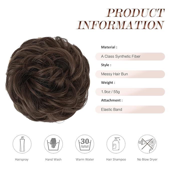 FESHFEN Large Messy Bun Hair Piece - Wavy Synthetic Chignon Scrunchies Elastic Ponytail Hair Extensions Thick Hairpieces for Women, Medium Chestnut Brown 1.94oz