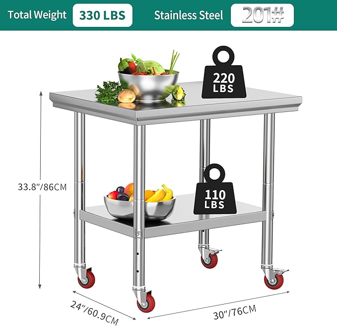 YITAHOME NSF Stainless Steel Table, 30" X 24" Work Table with Wheels, 2 Shelves Metal Prep Worktable for Home Kitchen Restaurant Garage Warehouse Outdoor