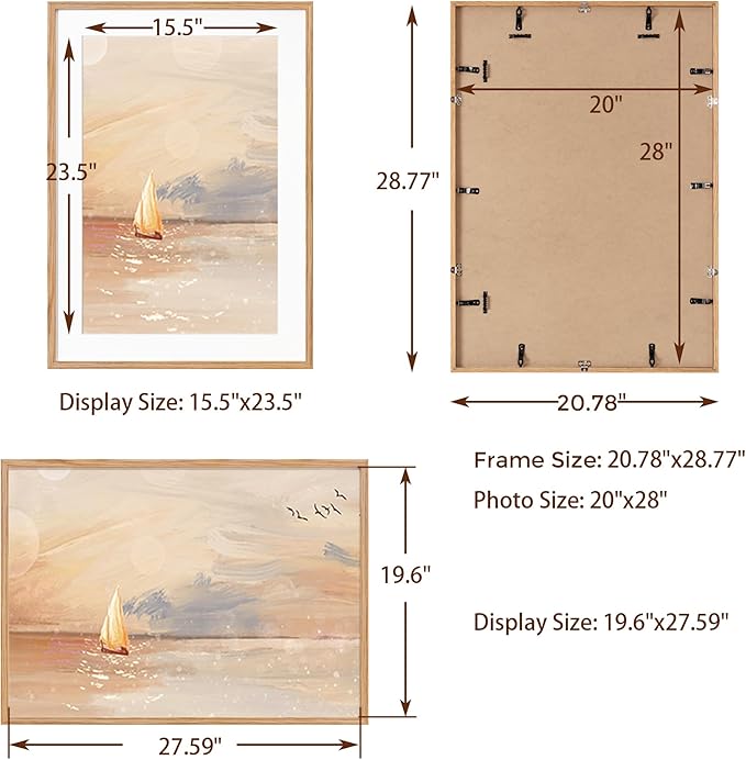 20x28 Oak Wood Picture Frame, 20"x28" Poster Frame for Wall, 20x28 Picture Frame with Mat for 16x24, Solid Oak Wood Photo Frame 20 x 28 with Tempered Real Glass (Natural Oak Color, 1 Pack)