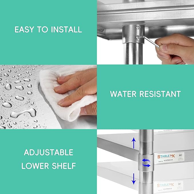 STABLEINK NSF Stainless Steel Prep & Work Table 24 x 48 Inches 4ft Heavy Duty Metal Table with Backsplash and Undershelf for Commercial Kitchen, Restaurant, Hotel, Laundry and Garage