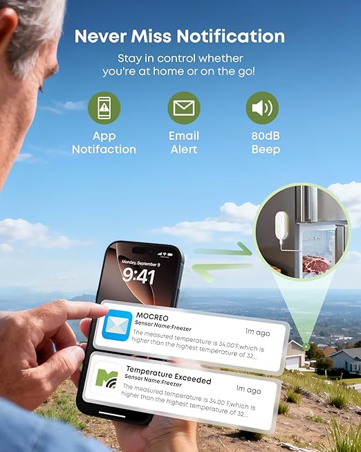 MOCREO WiFi Refrigerator Thermometer with Freezer Alarm, Email Alert, App Notification, Data Logging Export, No Subscription Fee, 2 Remote Temperature Sensor for Home Kitchen, Hot Tub