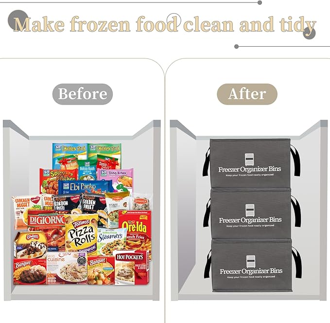 Freezer Organizer Bins, 2 Pack Collapsible Deep Freezer Organizer Bins for 15"x14"x9", freezer Storage Bins with Removable Dividers, Handles (Dark Grey, 2 Pack)