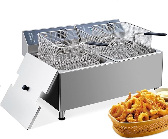 Dual 11L Commercial Deep Fryer | 304 Stainless Steel Dual Tank Design | 3400W Total Power (1700W x 2) 110V | with Extra Large Baskets & Lids for Restaurant & Food Service
