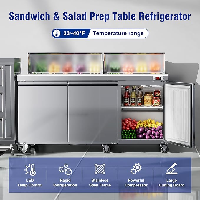 72" W Sandwich Salad Prep Table 3 Door Commercial Stainless Steel Food Prep Station, Cut Board with lock for Restaurant