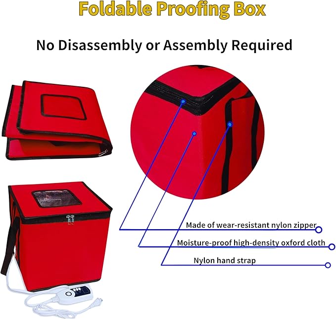 Bread Proofing Box with Heater, Foldable Sourdough Dough Proofer with 33-122℉ Temperature Control,Starter Warmer for Making Bread, Pizza,Yogurt, Natto and Handmade Soap Red, 13.8 * 13.8 * 13.8inch
