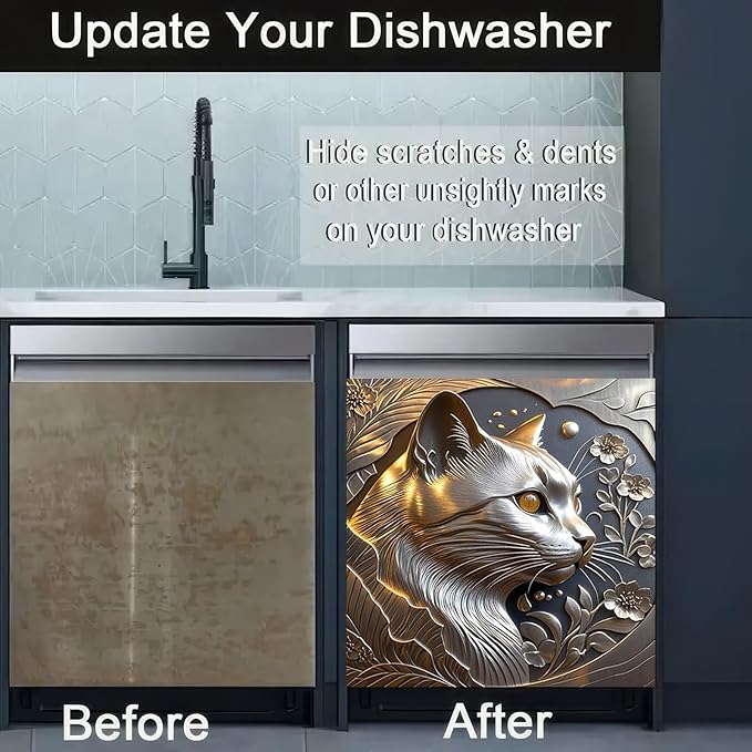 Metal Cat Dishwasher Cover Magnet Kitchen Decor 23x26 Inch Funny Cat Dishwasher Magnet Cover Front Door Panel Decal Sticker for Country Farmhouse Fridge Door Kitchen Decoration