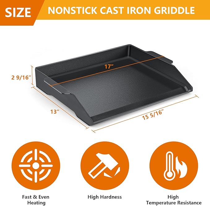 Universal Cast Iron Griddle 17" X 13",Stove Top Griddle for Gas Grills,Fire Pits,And Ovens,Nonstick Coating Teppanyaki Grill Pan for Stove Top With Extra High Sidewalls for Outdoor Cooking