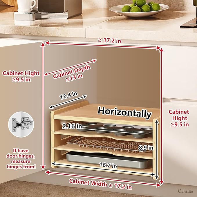 celestite Wooden Tray Dividers for Cabinets, Cookie Sheet Organizer for Cabinet, Baking Sheet Pan Organizer for Kitchen Organizers and Storage (4 Tier 12.4" Wx8.9 Hx16.7 D)