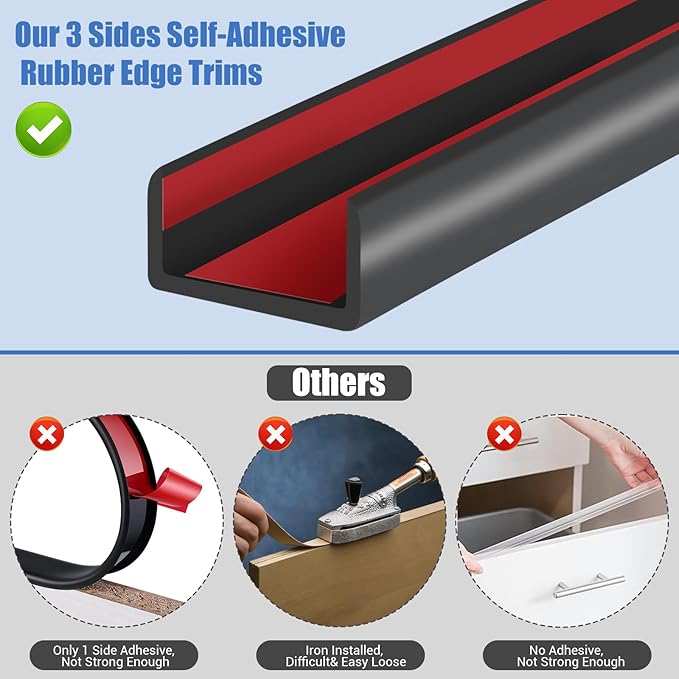 Rubber Edge Trim, Self-Adhesive U Channel Edge Protector for Interior Door Side, Woods, Flexible U Shaped Peel and Stick Edge Banding, Furniture Edge Guard, Fit 1-3/8"(35mm), 10Ft, Black