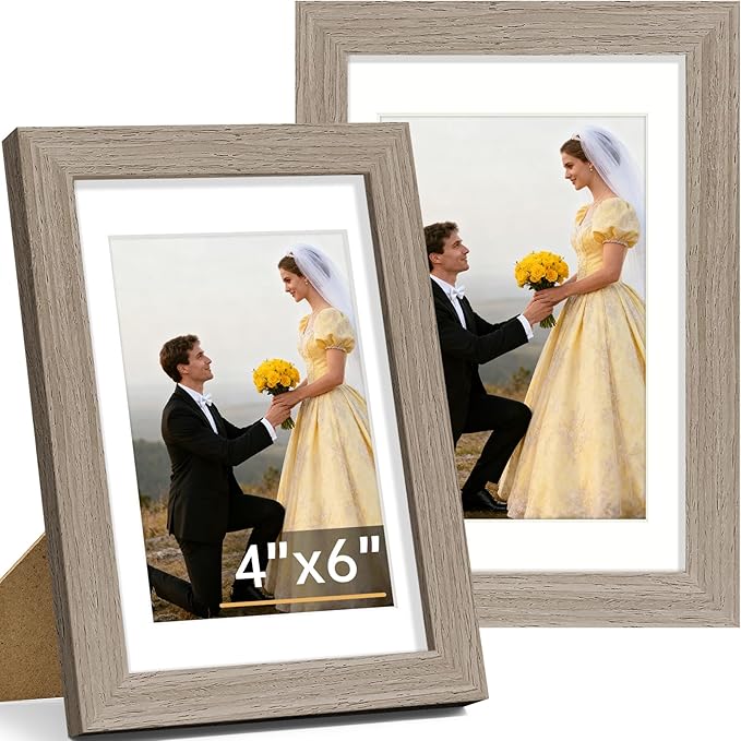 Vittanly 4x6 Picture Frame Set of 2, Solid Wood Frame for Wall or Tabletop, Display Photo 3.5x5 with Mat or 4x6 without Mat, Light Brown