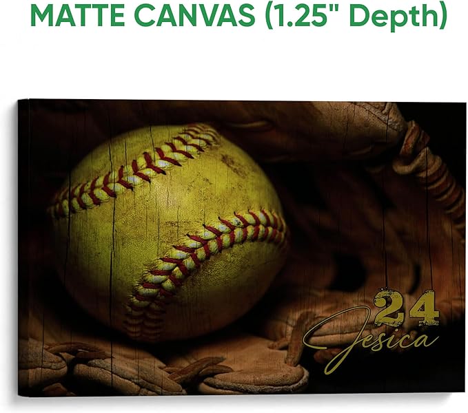 Personalized Softball Poster & Framed Canvas - Softball And Gloves Vintage Home Office Decor, Custom Name Number Bedroom Living Room Aesthetic Wall Art Gift For Daughter, Softball Player