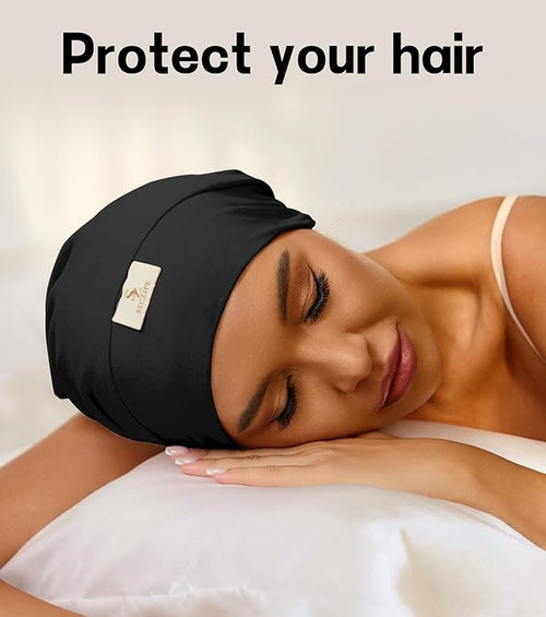 100% Mulberry Silk Bonnet for Sleeping for Curly Hair and Braids, Wrap with Adjustable Strap for Women and Men,Real Silk, Not Satin（1Pc,Black）