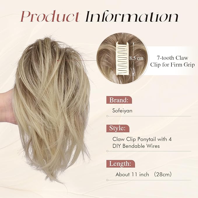 SOFEIYAN Claw Clip Short Ponytail Extension DIY Bendable Wires Hair Bun Fluffy Fake Hair Piece Straight Synthetic Hair Ponytail Extensions for Wonen - Light Blonde with Platinum Tips