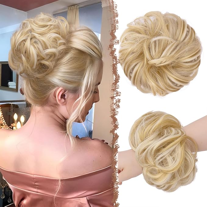 FESHFEN Large Messy Bun Hair Piece - Wavy Synthetic Chignon Scrunchies Elastic Ponytail Hair Extensions Thick Hairpieces for Women, Champagne Blonde & White Blonde 1.94oz