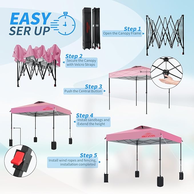 10x10 Pop Up Canopy, Easy Up Canopy Tent, Heavy Duty Tents for Parties, One Person Set Up Event Tent, Pink