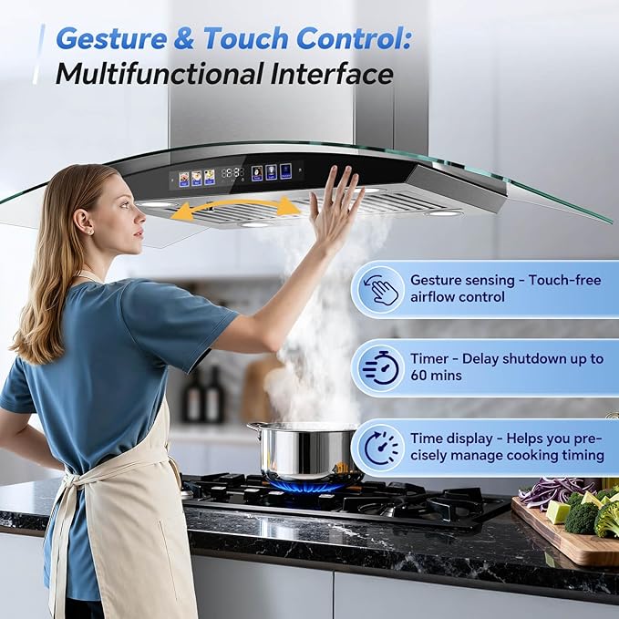 Island Range Hood 36 Inch 700 CFM, Ceiling Mount Kitchen Exhaust Hood with Gesture Sensing & Color Touch Control, Tempered Glass, 3 Speed Vent Fan, 4 LED Lights, Permanent Baffle Filters
