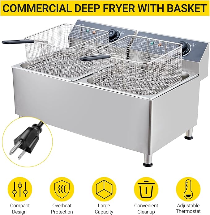 11L Electric Deep Fryer, 1700W Dual Basket Max/Min Oil Mark & Drain Valve, Heavy Duty for Fried Chicken French Fries