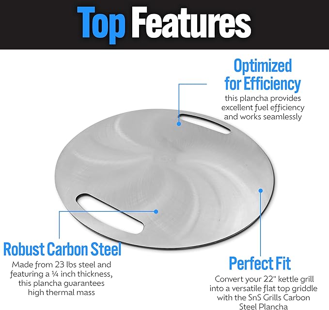 SnS Grills Slow 'N Sear Carbon Steel Flat Top Plancha Griddle - Rotating Durable Griddle for Kettle Grill BBQs - Outdoor Cooking Accessory - Fits 22” Kettles