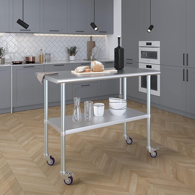 AmGood 48" Long x 24" Deep Stainless Steel Table with Casters