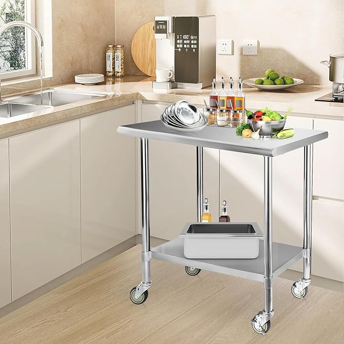 STABLEINK NSF Stainless Steel Prep Table 36x30 inches 3ft, Metal Work Table with Adjustable Undershelf and backsplash, for Commercial Kitchen, Restaurant, Home, Hotel and Garage