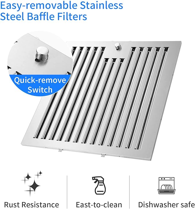 36 inch Island Range Hood 700CFM Black Painted Stainless Steel, Gesture & Touch Control Panel Ceiling Mount Kitchen Vent Hood Ducted/Ductless Convertible Extractor, Exhaust Fan 4 LED Lights