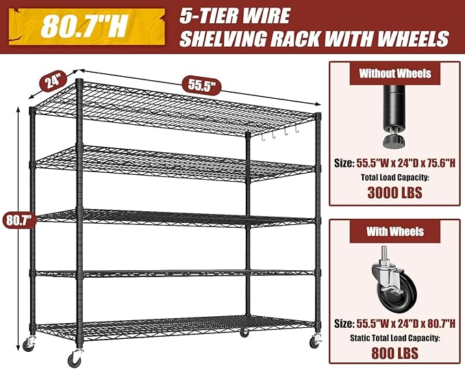 PrimeZone 5 Tier 80.7" H x 55.5" W x 24" D Wire Shelving with Wheels 3000lbs NSF Certified Storage Shelves Heavy Duty Metal Shelf Adjustable Rolling Rack Commercial Garage Restaurant Warehouse 6Pack