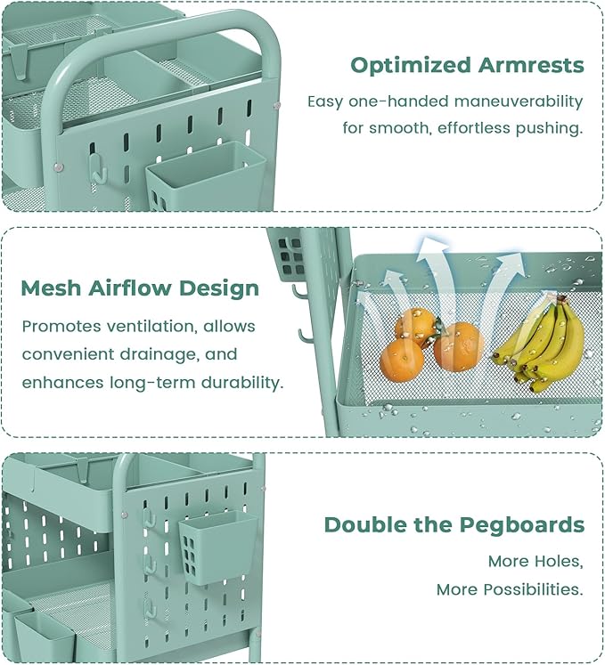 danpinera Rolling Cart, Movable Utility Organizer with Retractable Dividers & Pegboards for Kitchen, Bathroom, Office