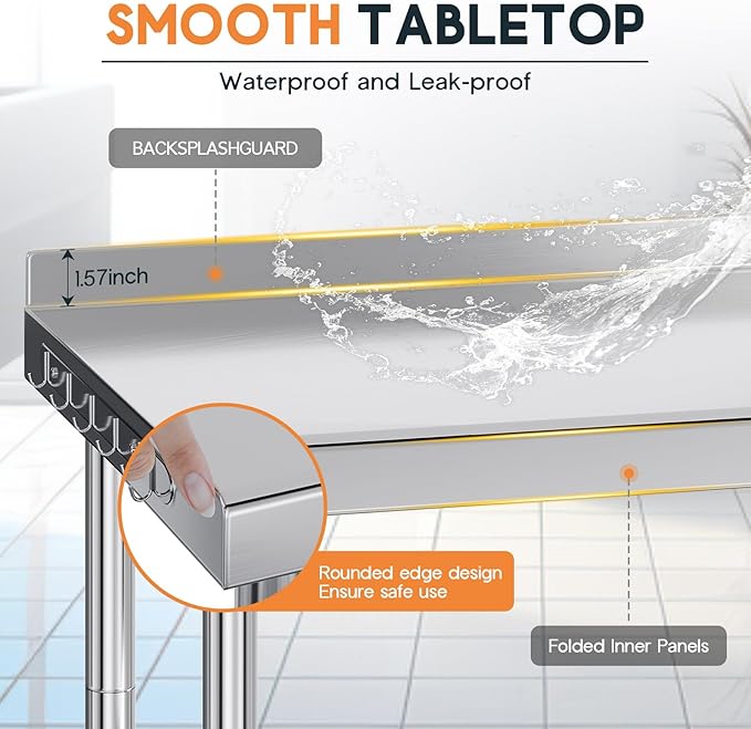 Jocisland 24" x 48" Stainless Steel Table for Prep & Work with Backsplash and Wheels, Adjustable Under Shelf & Safe Design for Restaurant, Home and Outdoor