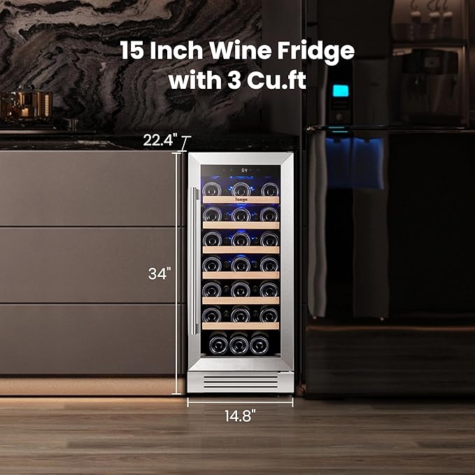 Yeego Wine Fridge – 15 Inch 33 Bottle Wine Cooler Refrigerator with Glass Door, 40-65℉ Built-In or Freestanding, Adjustable Shelves Wine Fridge Ideal for Home Bar & Kitchen