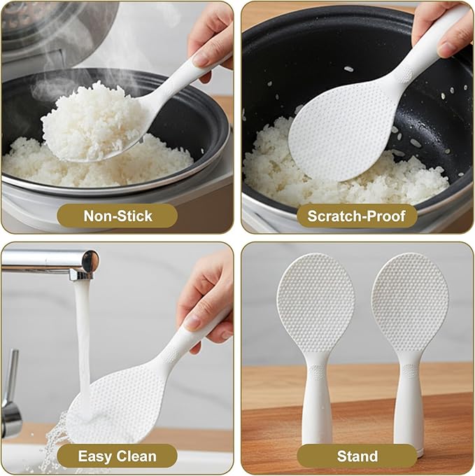 3 Pcs Standing Rice Spatula Food-Grade Rice Spoon Non-Stick Cookware Scoop Paddle 329°F Heat Resistant Lightweight Cooker Scooper for Sushi Pasta Cooking & Serving (White)
