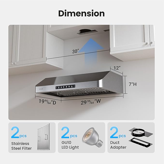 Range Hood 30 Inch Under Cabinet, Kitchen Hood with 980 CFM, 3-Speed Gesture Sensing & Touch Control Panel, Stainless Steel Vent 2 Pcs Baffle Filters with Handlebar