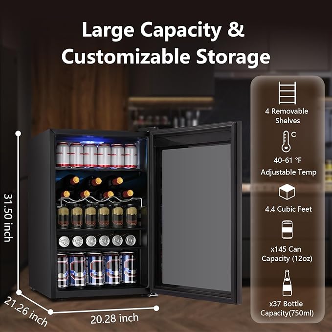 145 Can Beverage Cooler Refrigerator, Wine Cooler 37 Bottle Freestanding Drink Fridge Reversible Glass Door, Quiet Compressor for Home Kitchen Bar, 4.4 Cu.ft Black