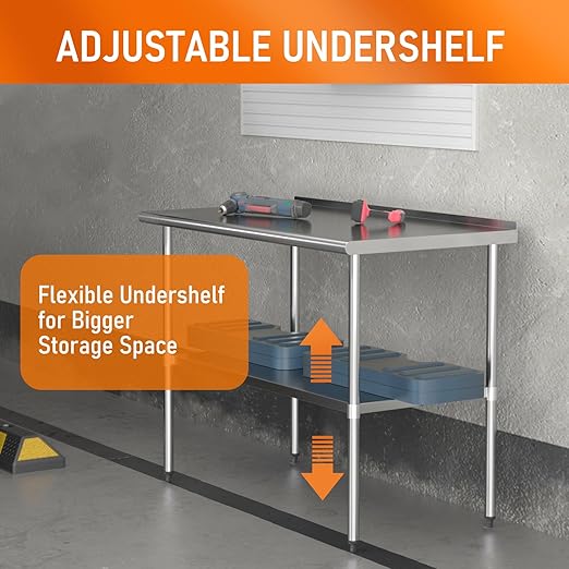 HOCCOT Stainless Steel Table 30" x 48" with Adjustable Undershelf and Backsplash, Commercial Metal Workstations for Kitchen, Garage, Outdoor BBQ