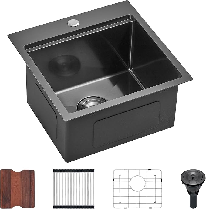 Scamall 18x18x10 Drop In Kitchen Sink Workstation, Nano Black 304 Stainless Steel Deep Single Bowl with Quick Drainage & Tarnish-Free Surface for Bar, Laundry, RV, Includes Accessories